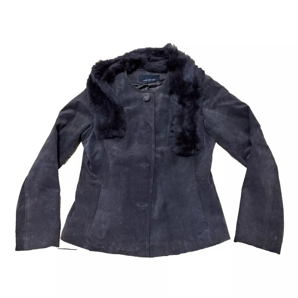 Jones New York Genuine Leather Suede Jacket Brown Womens M Fur Shawl Satin Lined